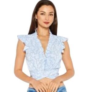 Bar III Floral Flutter Sleeve Crop Top, Cottage, Weekend, beach, Blu/White S NWT